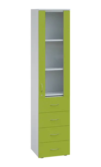 LE - 44 skříň léková prosklená, pravá, korpus bílý, dvířka jarní zeleň